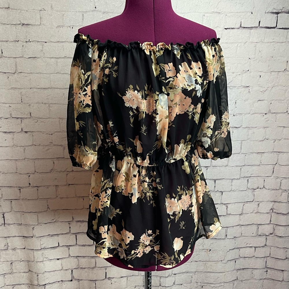 Lulus size XS floral it’s worth black floral off the shoulder sheer blouse